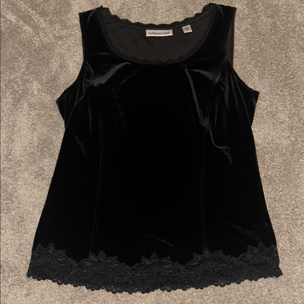 Coldwater Creek Black Velvet Top with Lace Detail